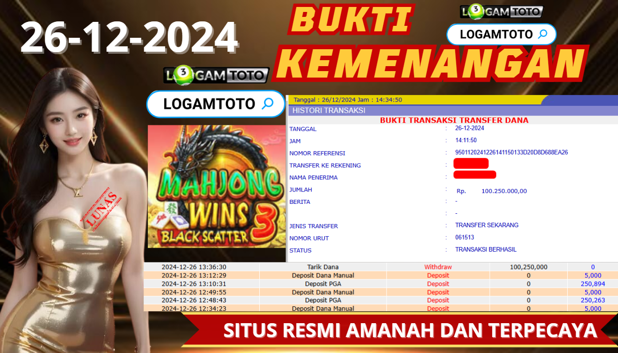 SELAMAT KEPADA MEMBER SETIA LOGAMTOTO BERHASIL JACKPOT DI PERMAINAN SLOT MAHJONG WINS 3